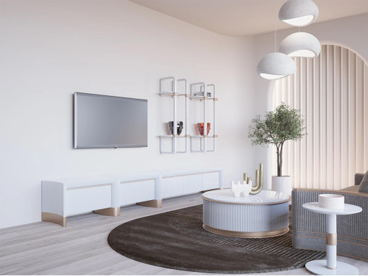 Soggiorno mobili in legno porta TV design 2x mensole a parete arredamento moderno