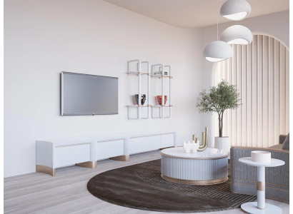 Soggiorno mobili in legno porta TV design 2x mensole a parete arredamento moderno
