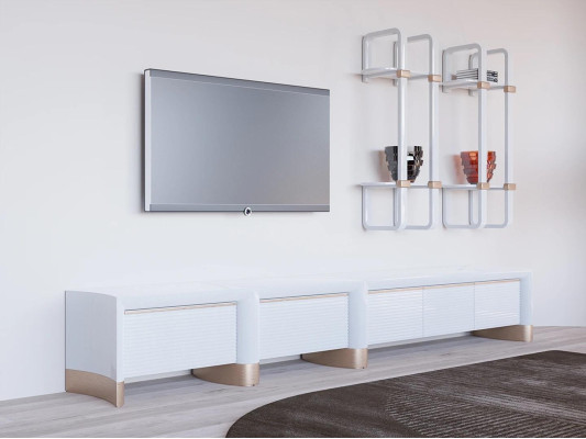 Soggiorno mobili in legno porta TV design 2x mensole a parete arredamento moderno