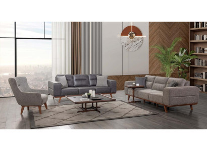 Set da soggiorno completo grigio con divano a 2 posti e poltrona a 3 posti, 3 pezzi.