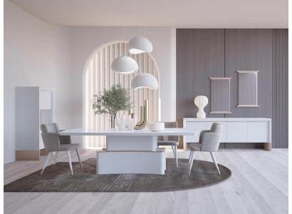 Design sala da pranzo completa 7 pezzi tavolo da pranzo moderno credenza mobile in legno nuovo vetrina