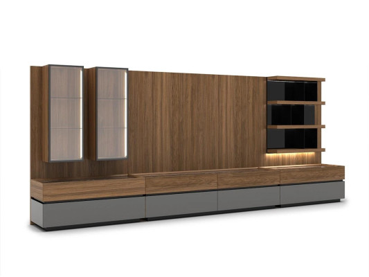 Design moderno - Set parete attrezzata con mobile TV e mensole da parete in legno, nuovi mobili.