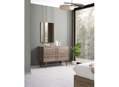 Comò con specchio camera da letto consolle legno marrone set 2 pezzi moderno.