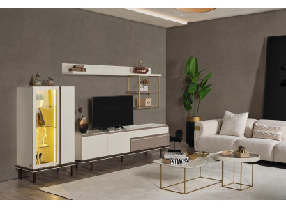 Soggiorno bianco Set di design, supporto TV di lusso con vetrina LED in legno.
