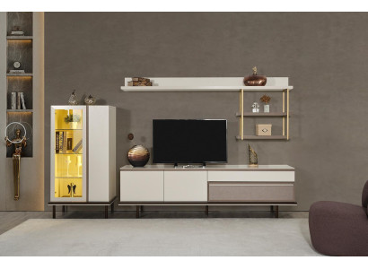 Soggiorno bianco Set di design, supporto TV di lusso con vetrina LED in legno.