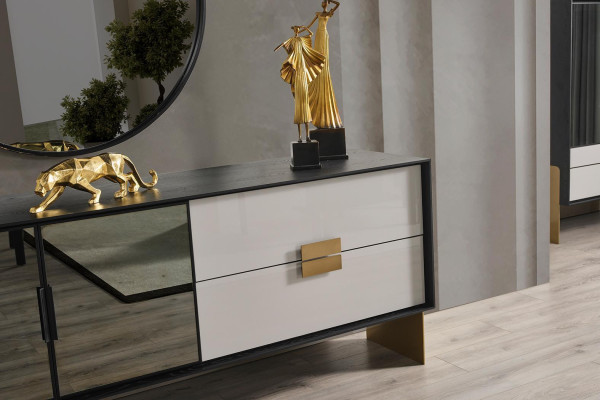 Set soggiorno nero Designer Sideboard Specchio di lusso Set 2 pezzi Nuovo