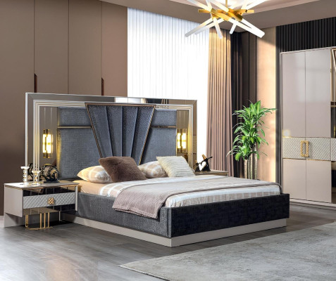 Set camera da letto con letto e 2 comodini completo di arredo di lusso moderno.