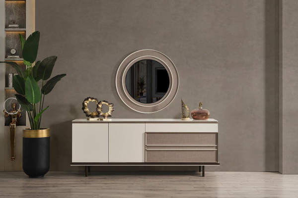 Mobili da pranzo di design in legno, credenza in legno lussuosa con specchio.