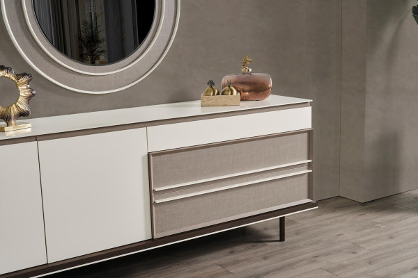 Mobili da pranzo di design in legno, credenza in legno lussuosa con specchio.