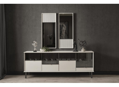 Set di design moderno con sideboard bianco, 2 specchi, 4 ante, set di lusso in 2 parti.