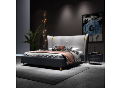 Letto di lusso in legno con testiera imbottita per camera da letto matrimoniale 180x200cm, nuovo da hotel.