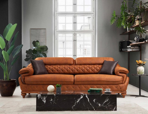 Set completo per soggiorno moderno con divano a tre posti, divano poltrona, mobili di lusso.