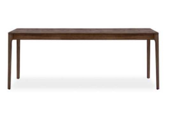 Set da pranzo in marrone con tavolo da pranzo, 4 sedie e credenza.