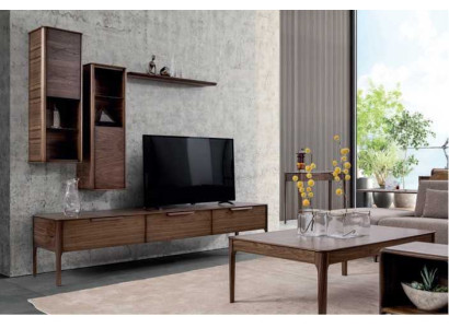 Set soggiorno parete attrezzata con ripiano e supporto TV dal design moderno.