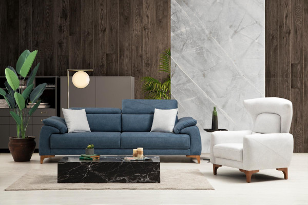 Set soggiorno moderno di lusso. Divano a 3 pezzi. Arredo imbottito tessile nuovo.