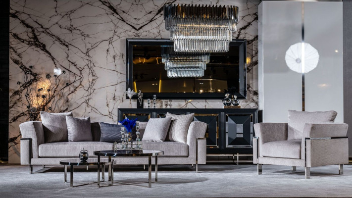 Set da salotto 3+1 in design con divano, specchio e tavolino da caffè.