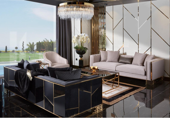 Sofà Set Divano di lusso Poltrona 3+1 posti Tavolino da salotto Tavolino ausiliario Set 4 pezzi