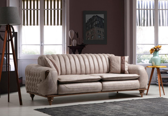 Beige divano Chesterfield a tre posti in stile capitonné tappezzeria tessile divano in stoffa