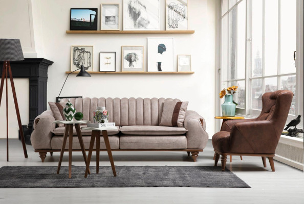 Beige divano Chesterfield a tre posti in stile capitonné tappezzeria tessile divano in stoffa