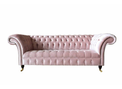 Chesterfield divano a 3 posti in tessuto rosa nuovo per il soggiorno.