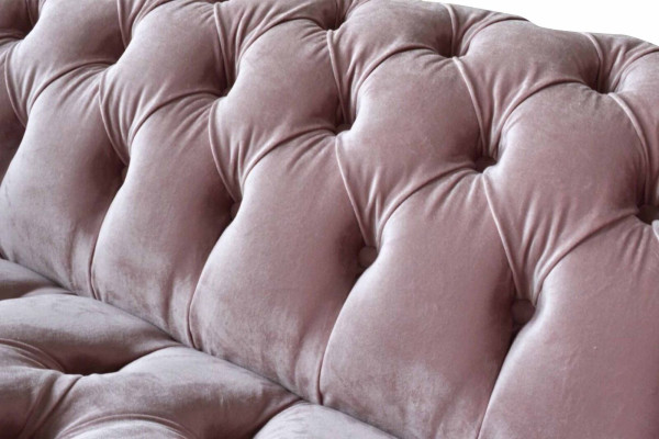 Chesterfield divano a 3 posti in tessuto rosa nuovo per il soggiorno.