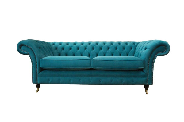 Chesterfield tre posti in tessuto blu design soggiorno divano imbottito