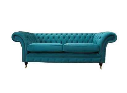Chesterfield tre posti in tessuto blu design soggiorno divano imbottito