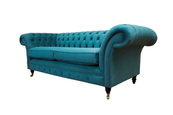 Chesterfield tre posti in tessuto blu design soggiorno divano imbottito