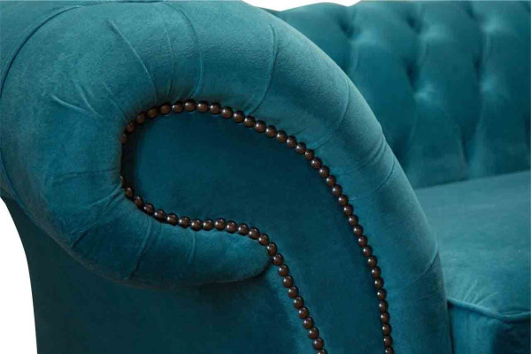 Chesterfield tre posti in tessuto blu design soggiorno divano imbottito