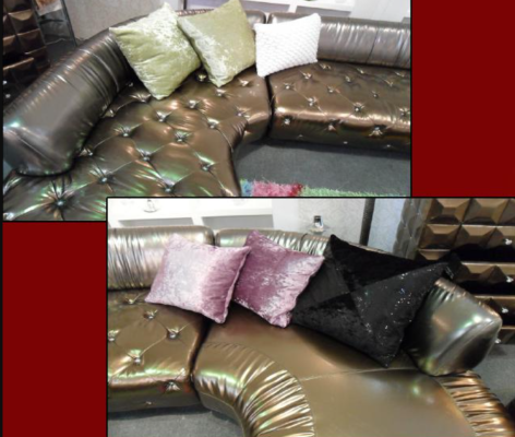 Divano ad angolo Chesterfield a forma di U, divano di lusso, salotto d'angolo oro.