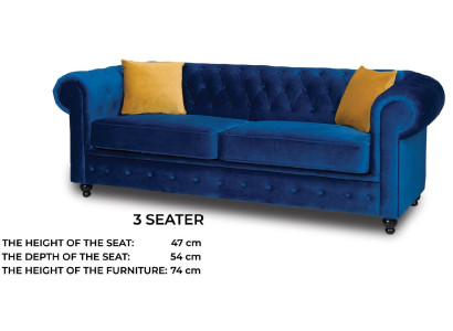 Sofà imbottito 3 posti Chesterfield in tessuto blu classico, nuovo.