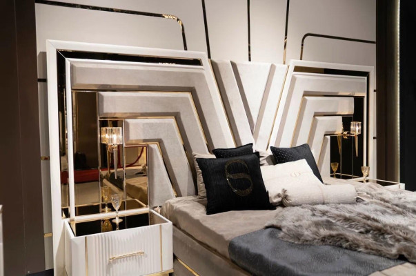 Set da camera da letto con letto 2 comodini di lusso nuovo 3 pezzi design moderno in legno.