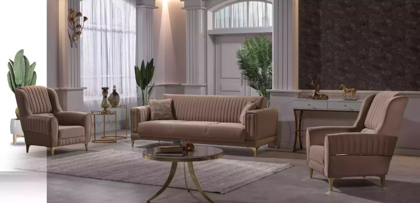 Sedia in tessuto marrone lusso singola per soggiorno con telaio in legno moderno.