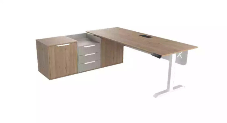 Scrive scrivania dell'angolo di lavoro, design di mobili da ufficio beige.