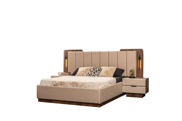 Set di biancheria per letto matrimoniale, comodini in stoffa beige 5 pezzi, armadio per il trucco, letto.