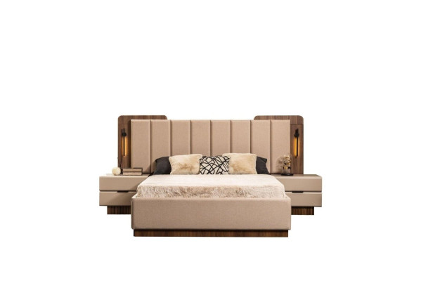 Set da camera da letto Letto matrimoniale Comodini Tessuto beige 4 pezzi Trucco