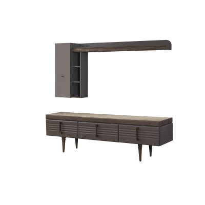 Mobile porta tv grigio in legno con parete attrezzata, credenza e ripiani.
