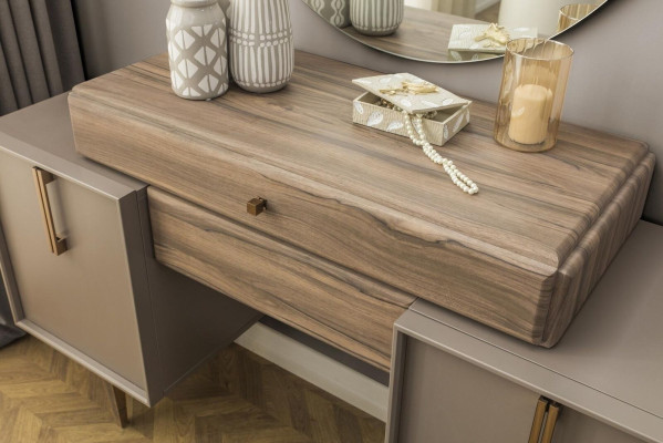 Tavolo da toeletta Console Pouf Comò in legno grigio con specchio Imposta