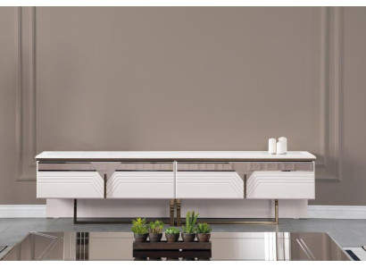 Mobile TV basso con mensola per TV, mobiletto in legno bianco, design in legno bianco