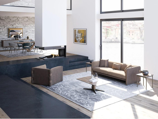 Salotto completo divano a tre posti arredamento imbottito poltrona tavolino da caffè design.