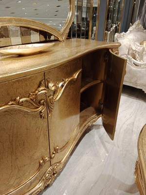 Tavolo da pranzo classico + 6 sedie + credenza con specchio oro in legno comò nuovo