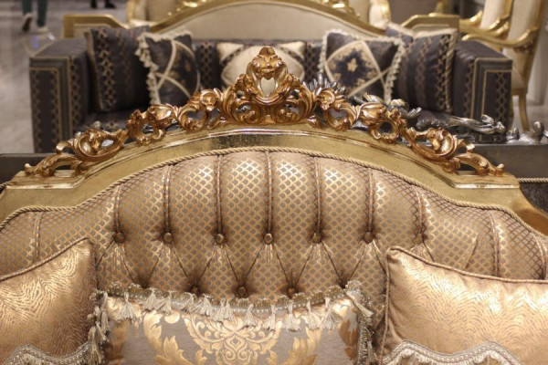 Sofà set 3+3 posti soggiorno design divano oro Chesterfield tessuto nuovo