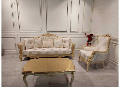 Set da divano divano 3+1 poltrona tavolo con gambe intagliate tavolino