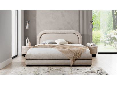 Set da camera da letto Designer Beiges con letto matrimoniale, 2 comodini in tessuto.