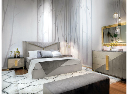 Set da camera da letto di lusso con design, letto, 2 comodini, cassettiera, set di decorazioni.
