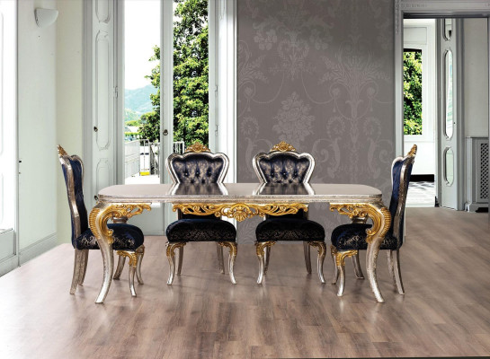 Set da pranzo in oro squisito: tavolo da pranzo con x4 sedie Chesterfield. Mobili di lusso.   Set da pranzo in oro squisito: tavolo da pranzo con x4 sedie Chesterfield. Mobili di lusso.