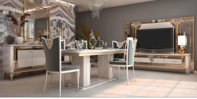 Seduta da sala da pranzo elegante nei toni grigi e bianchi con design barocco.