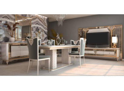 Seduta da sala da pranzo elegante nei toni grigi e bianchi con design barocco.