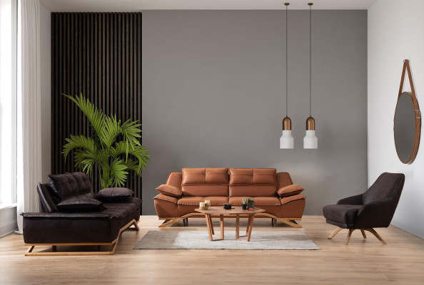 Sofà in tessuto Set di divani Divano imbottito Tre posti Poltrona Marrone Divano 3 pezzi