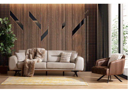 Divano classico in tessuto beige, divano a tre posti e poltrona assortita.